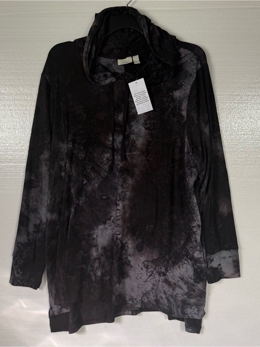 LOGO Lounge Lori Goldstein Women’s XL Black Gray Tie Dye Hooded Tunic Top Soft